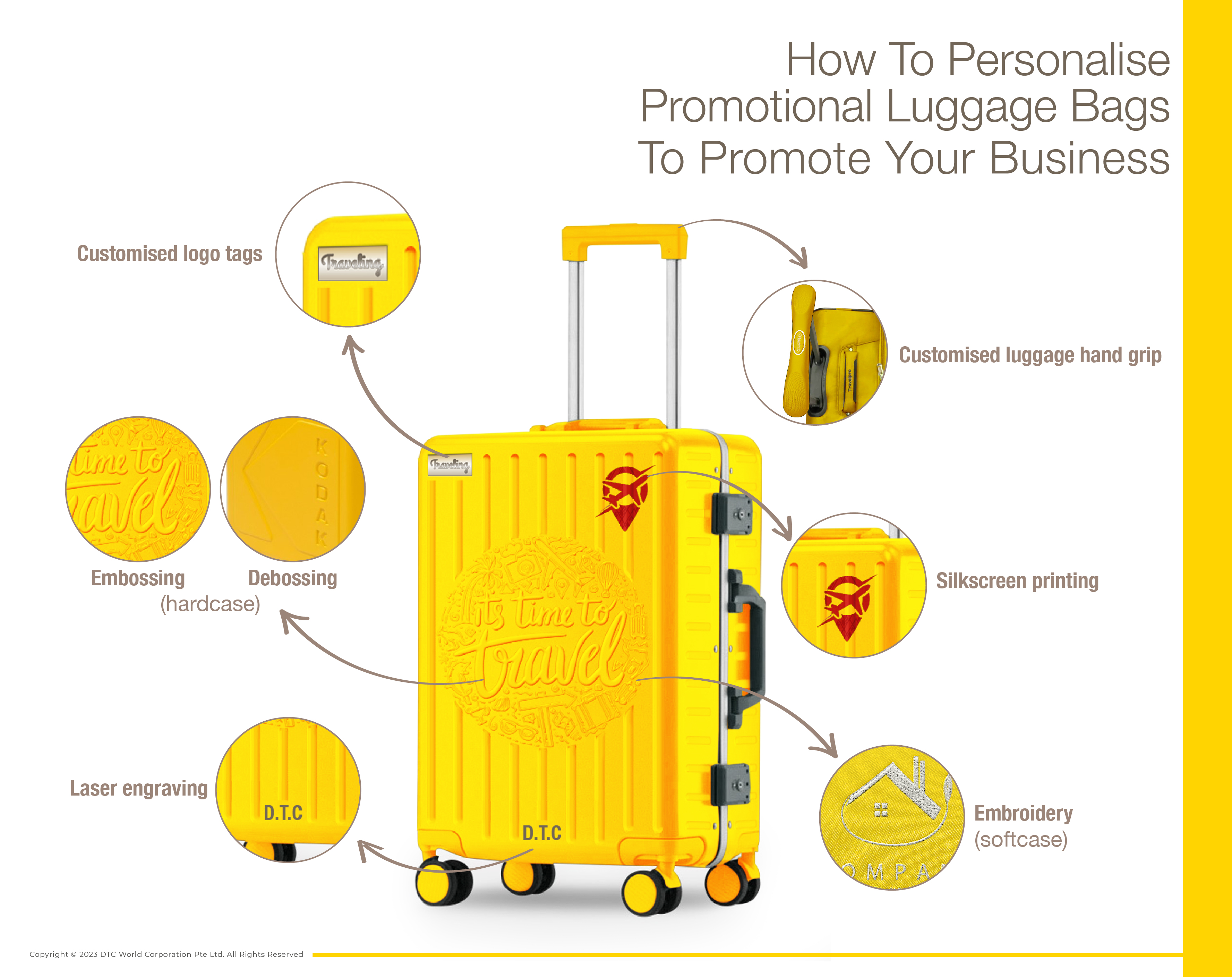 DTC World is able to cater to the different customisation methods to add a personalised touch to your promotional luggage bags